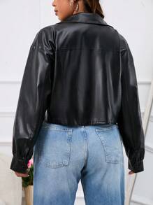 SHEIN EZwear 大碼翻蓋口袋落肩袖PU皮革夾克 - 黑色 - 查看 2