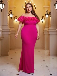 SHEIN Belle 大碼一字肩荷葉邊高衩正式洋裝 - 玫紅色 - 查看 6