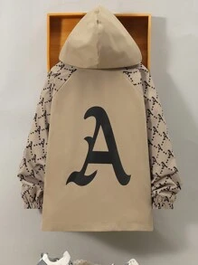 SHEIN 男大童字母圖案插肩袖翻蓋口袋毛絨內襯連帽外套 - 卡其色 - 查看 3