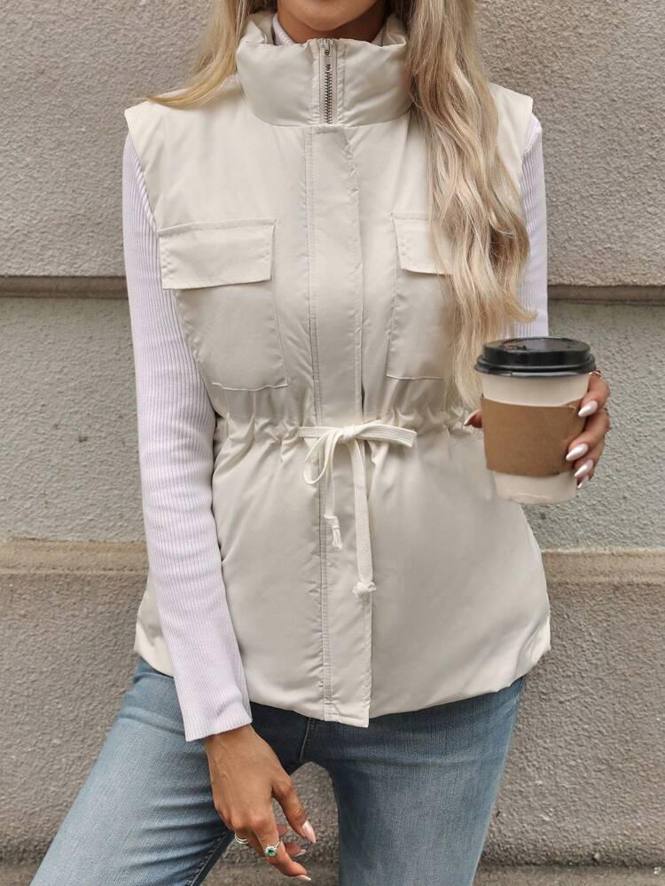 Flap Pocket Drawstring Waist Zipper Vest Padded Coat Clothes Winter