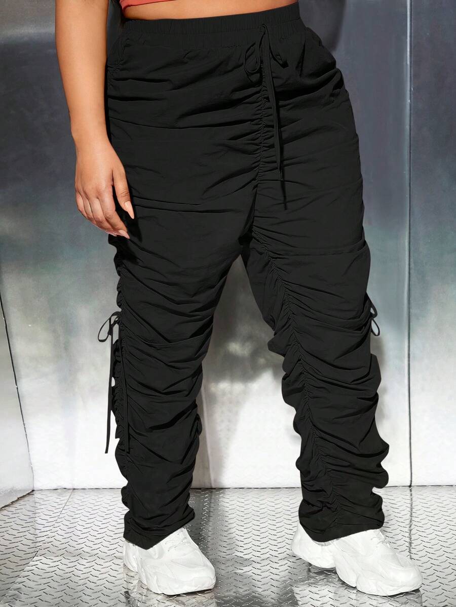 SHEIN SXY Plus Tie Waist Ruched Pants - Black - View 1
