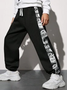 SHEIN Tween Boy Letter Graphic Contrast Side Seam Drawstring Waist Sweatpants