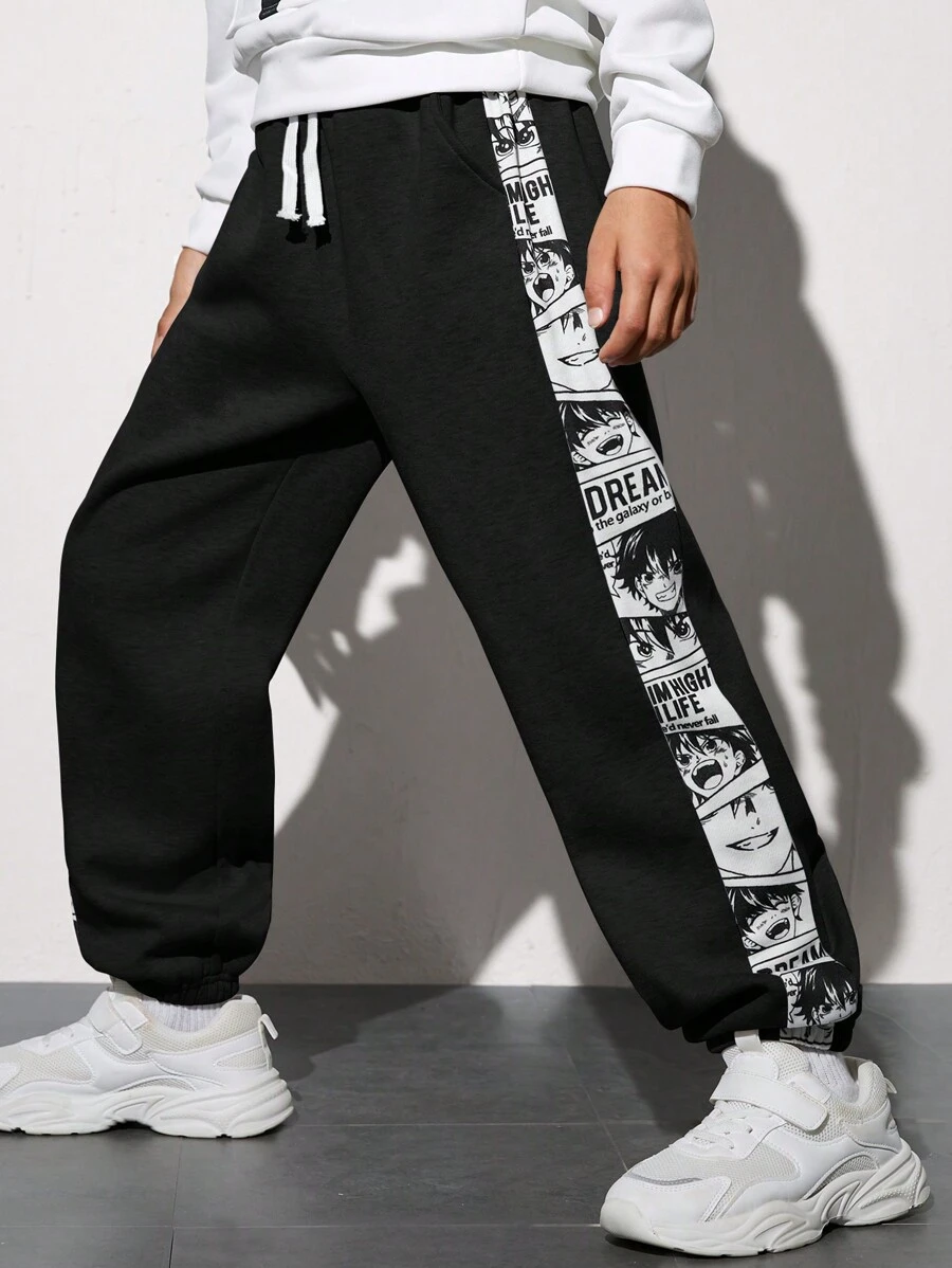 SHEIN Tween Boy Letter Graphic Contrast Side Seam Drawstring Waist Sweatpants