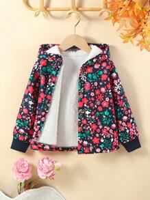 SHEIN 女小童印花毛絨內襯連帽夾克 - 寶藍色 - 查看 1