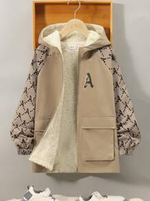 SHEIN 男大童字母圖案插肩袖翻蓋口袋毛絨內襯連帽外套 - 卡其色 - 查看 4