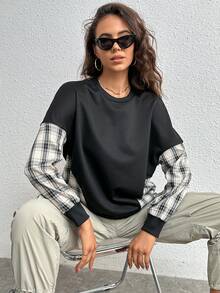 SHEIN Essnce 格紋印花落肩袖運動衫 - 黑色 - 查看 4