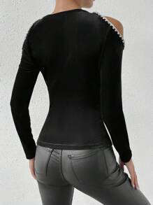 Allurite 挖肩珍珠串珠T恤 - 黑色 - 查看 2