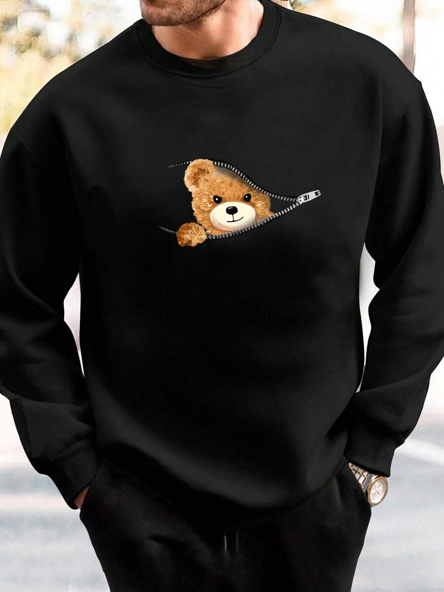 GENTILAND Men Plus Bear Print Sweatshirt - Black - View 1