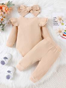 女嬰荷葉邊連身背心&前蝴蝶結衛褲＆ 頭巾