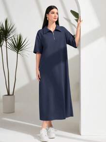 Seusyu 半拉链落肩阿拉伯连衣裙，端庄 - 藏蓝色 - 查看 5