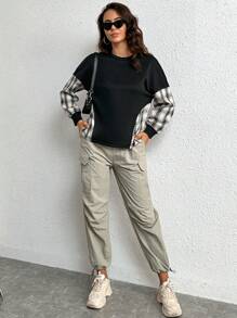 SHEIN Essnce 格紋印花落肩袖運動衫 - 黑色 - 查看 3