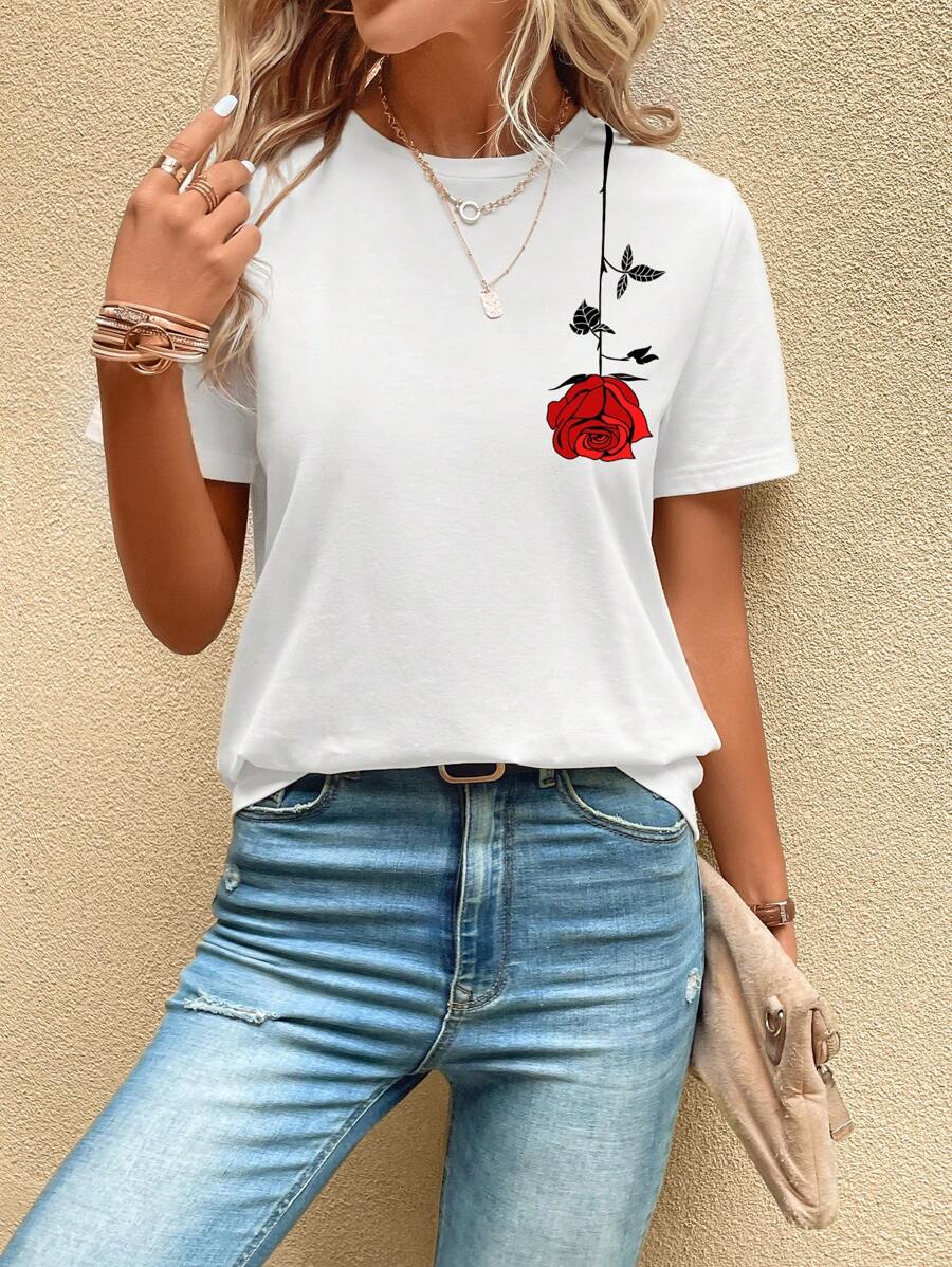 SHEIN LUNE Áo thun nữ tay ngắn in họa tiết hoa hồng giản dị, phù hợp cho mùa hè - trắng - Xem 1