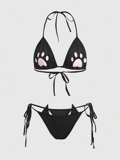 Kawaii طقم ملابس داخلية بطباعة مخلب رسن ربطة جانبي