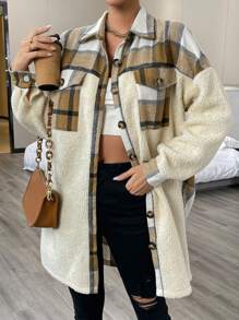 SHEIN LUNE Plaid Print Drop Shoulder Flap Pocket Teddy Coat - Multicolor - View 1