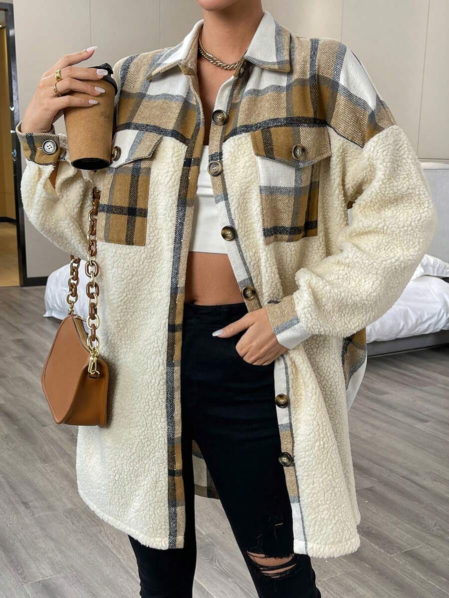SHEIN LUNE Plaid Print Drop Shoulder Flap Pocket Teddy Coat - Multicolor - View 1