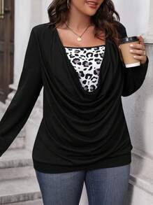 SHEIN LUNE Plus Leopard Print Draped Front Tee - Black - View 5
