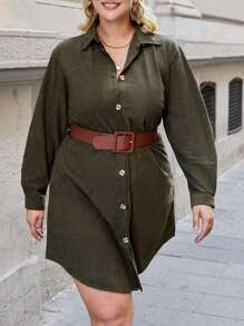 RueChic Plus Solid Button Front Shirt Dress Without Belt - Army Green - View 2