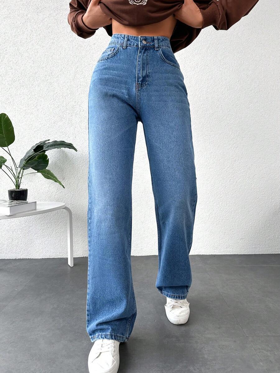 Straight Leg Jeans - Medium Wash - View 1