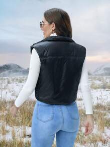 SHEIN LUNE Zip Up PU Leather Vest Padded Padded Coat Clothes Winter - Black - View 2