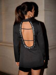 Zolique Pearls Beaded Cut Out Backless Blazer - Black - View 2