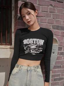 DAZY Letter Graphic Crop Tee - Black - View 2