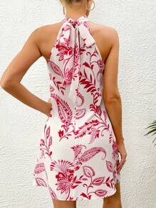 SHEIN VCAY Paisley Print Halter Neck Dress - Red and White - View 2