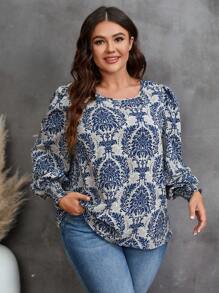 SHEIN LUNE 大碼錦緞圖案方領燈籠袖襯衫 - 彩色 - 查看 1