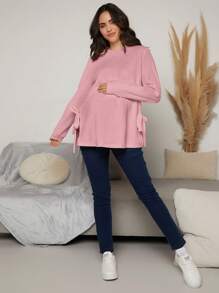 SHEIN 孕婦落肩袖側打結紋理質感針織運動衫 - 粉色 - 查看 4