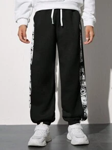 SHEIN Tween Boy Letter Graphic Contrast Side Seam Drawstring Waist Sweatpants