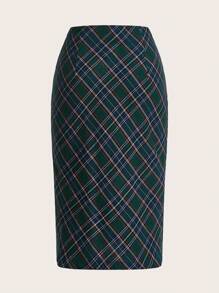 SHEIN EZwear Plaid Print Split Hem Skirt - Dark Green - View 2