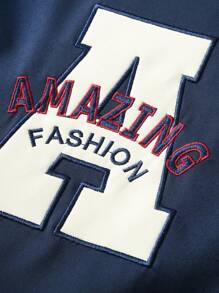 Manfinity Campus Court Men's Loose Fit Letter Print Color Block Varsity Jacket Without Hoodie Design And With Striped Trim - Blue - View 5