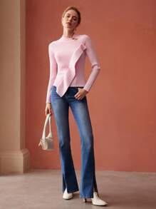 MOTF PREMIUM Suéter de punto ribete con fruncido - Rosa - Ver 6