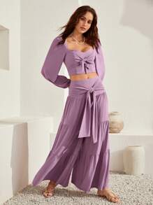 Bohemela Sweetheart Neck Lantern Sleeve Crop Top & Tie Front Ruffle Hem Skirt