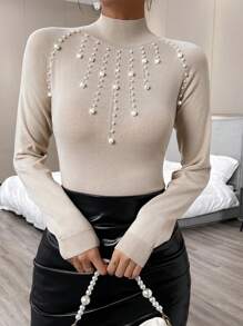 Calvaya Jersey de cuello alto con mangas raglán y cuentas de perlas falsas, jersey de manga larga de punto, jersey de otoño e invierno - Albaricoque - Ver 1