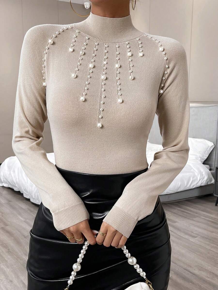 Calvaya Jersey de cuello alto con mangas raglán y cuentas de perlas falsas, jersey de manga larga de punto, jersey de otoño e invierno - Albaricoque - Ver 1