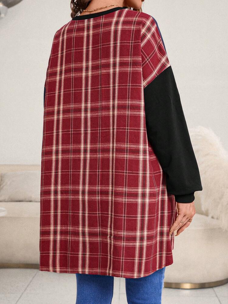 Maternity Plaid Print Drop Shoulder 2 In 1 Sweatshirt, For Winter