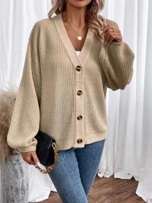 SHEIN Essnce V領落肩袖開襟衫 - 杏色 - 查看 4