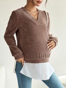 SHEIN Maternity 2 In 1 V Neck Sweatshirt, For Winter - Khaki - View 1