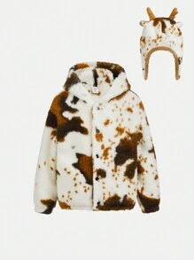 SHEIN Young Boy Cow Pattern Hooded Teddy Jacket With 3D Ear Design Hat,In Fall/Winter - Multicolor - View 1