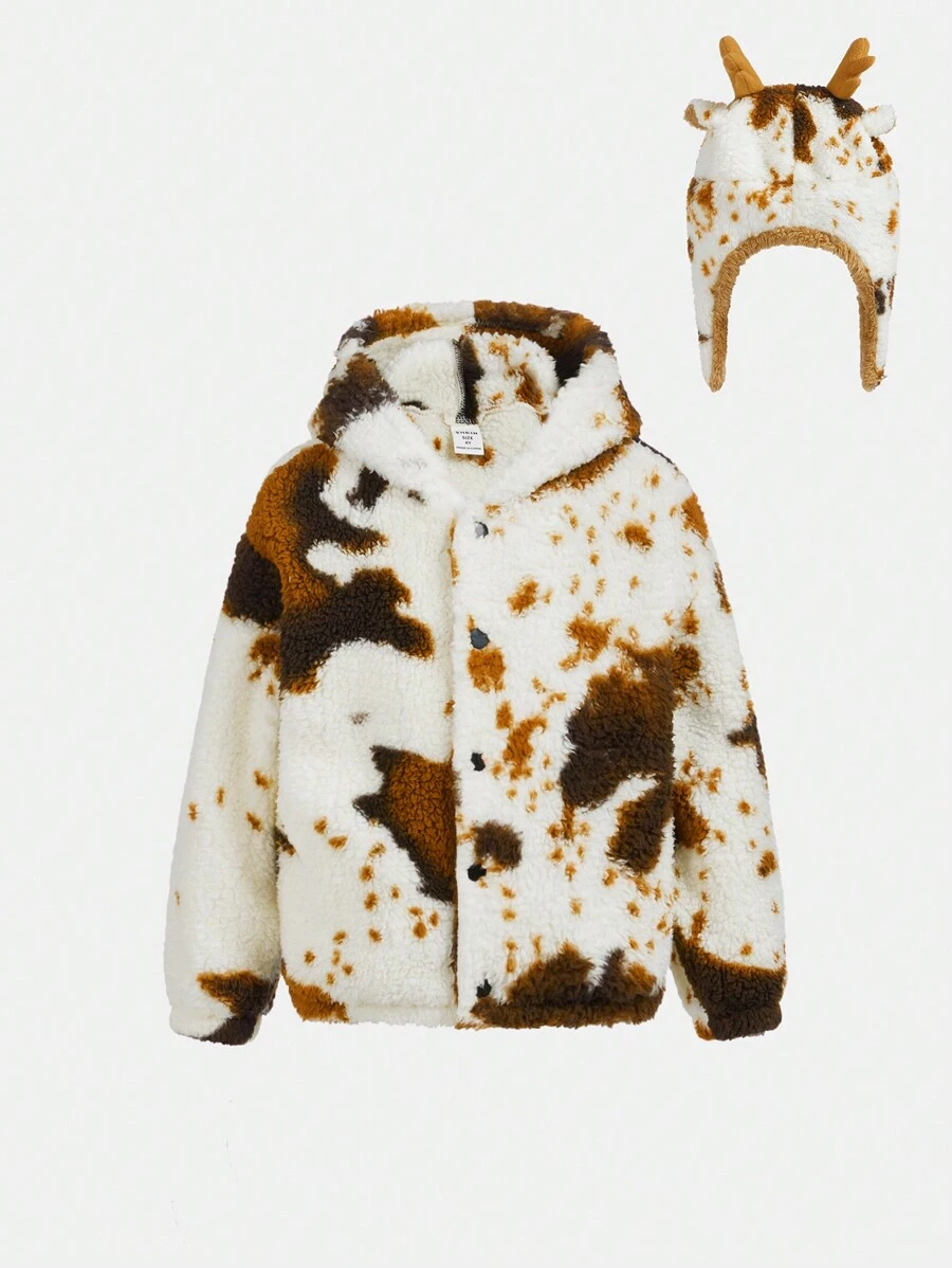 SHEIN Young Boy Cow Pattern Hooded Teddy Jacket With 3D Ear Design Hat,In Fall/Winter - Multicolor - View 1