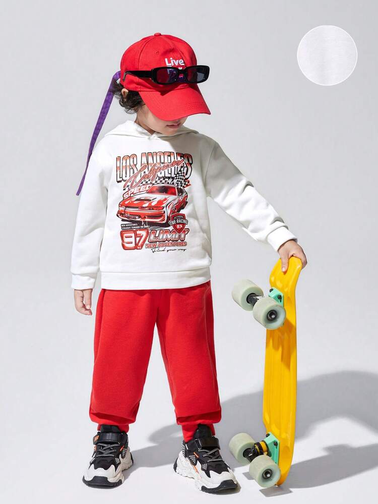 2pcs Toddler Boys Casual Loose Car Pattern Hoodie & Knitted Pants Set, Fleece, Thickened