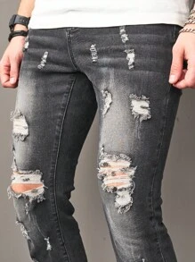 Manfinity Nam Rách Frayed Quần jean ôm - Xám - Xem 3