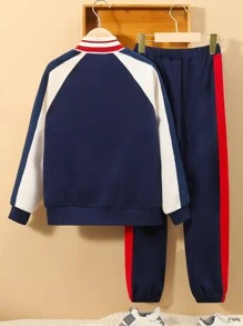 SHEIN 男孩字母圖案插肩袖條紋飾邊飛行員夾克和運動褲不帶T恤 - 彩色 - 查看 2