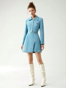 Chiquease High Waist Split Hem Tweed Skirt - Blue - View 3