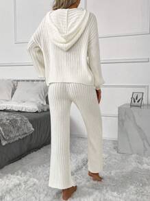 SHEIN LUNE 落肩袖抽繩連帽套頭毛衣和針織褲 - 杏色 - 查看 2