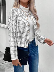 SHEIN LUNE Plaid Pattern Button Front Tweed Overcoat - Grey - View 5