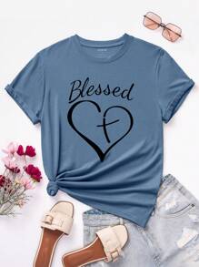 SHEIN LUNE Heart And Letter Graphic Tee - Dusty Blue - View 1