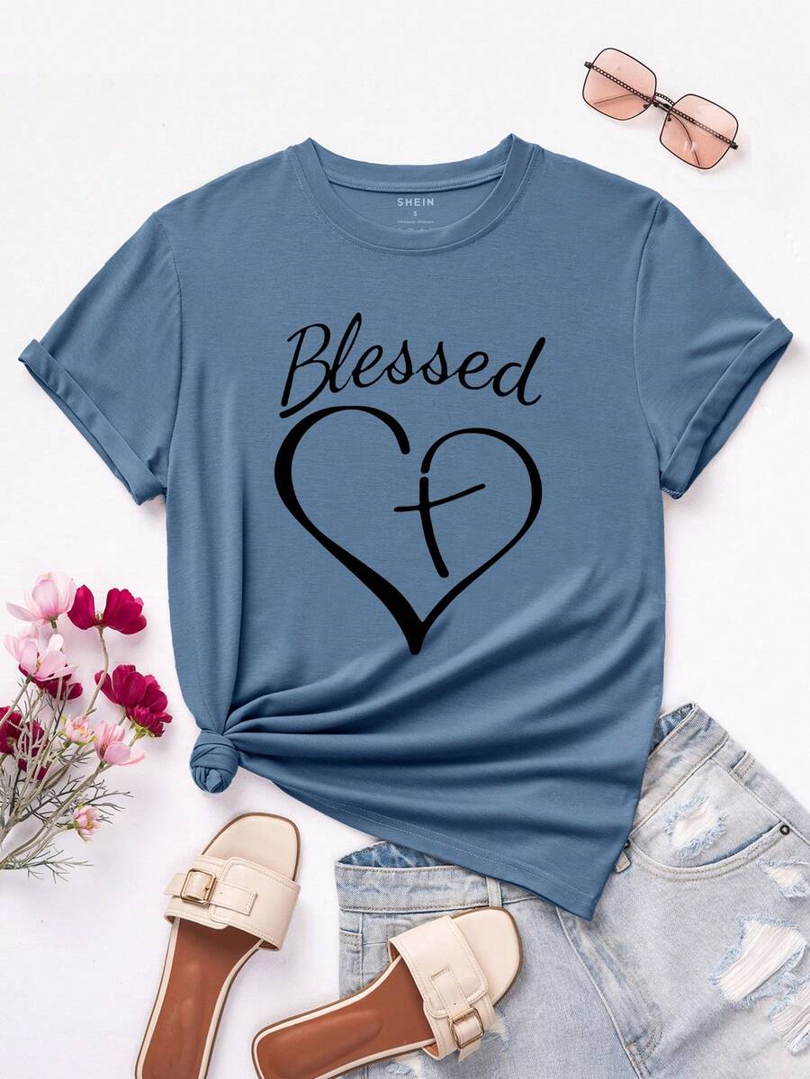 SHEIN LUNE Heart And Letter Graphic Tee - Dusty Blue - View 1