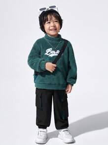 SHEIN 男小童側翻蓋口袋工裝褲 - 黑色 - 查看 3