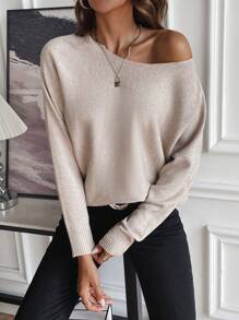 SHEIN LUNE Solid Batwing Sleeve Sweater - Apricot - View 5